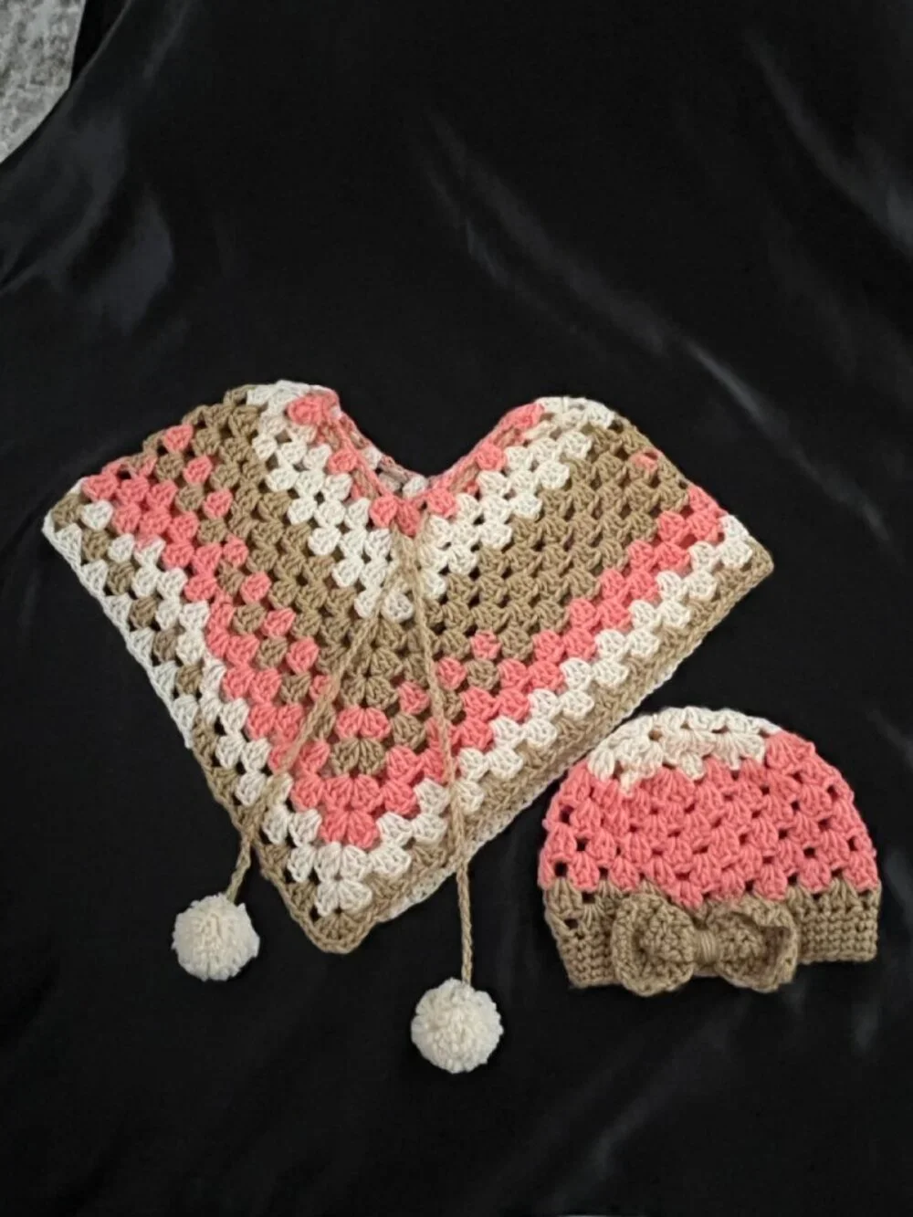 Handmade Crochet Granny Square Poncho and Beanie Hat Set Toddler Girl